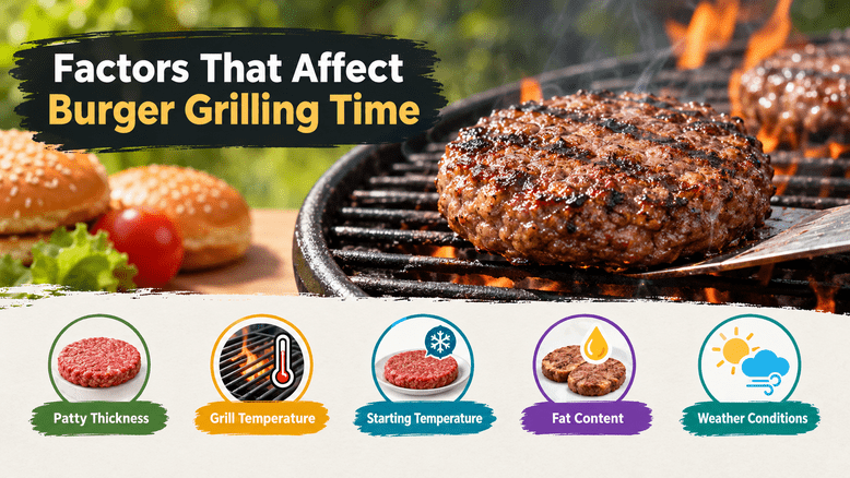 Factors that affect burger grilling time, including patty thickness, grill temperature, starting temperature, fat content, and weather conditions.