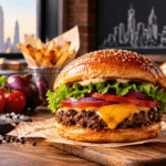 Juicy gourmet cheeseburger with melted cheddar, fresh lettuce, tomato, and onion, served with crispy fries and fresh ingredients in a New York-style diner.