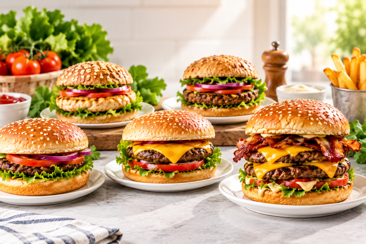 Comparison of five burger varieties, including beef, cheeseburger, bacon double cheeseburger, chicken, and veggie burgers, served with fresh ingredients.