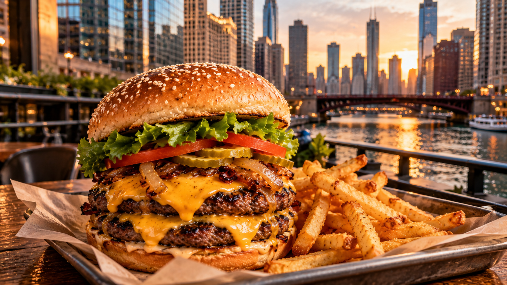A gourmet double cheeseburger with melted cheese, lettuce, tomato, and onions on a toasted sesame bun, served with crispy french fries on a tray with downtown Chicago and river views at sunset.