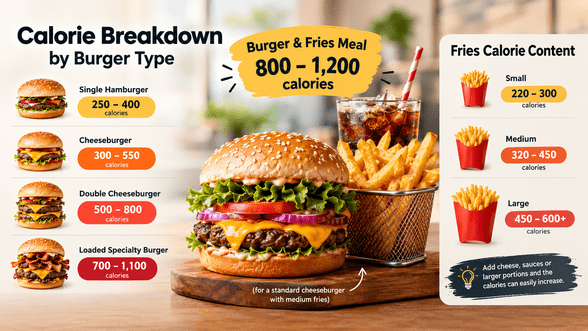 Calorie breakdown by burger type and fries, showing calorie ranges for single hamburgers, cheeseburgers, double cheeseburgers, loaded specialty burgers, and small, medium, and large fries.