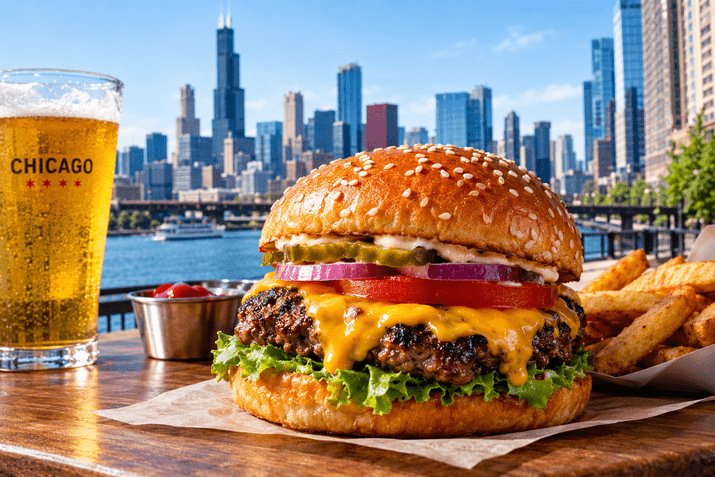 Juicy cheeseburger with melted cheddar, fresh toppings, and golden fries overlooking the Chicago skyline.