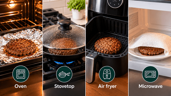 Four ways of how to reheat burgers without drying them out: oven, covered stovetop skillet, air fryer, and microwave, with instructions for each method.