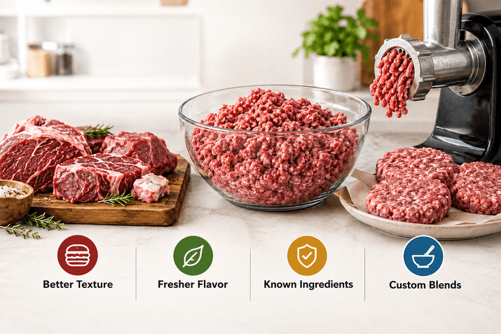 Freshly ground beef in a glass bowl beside a meat grinder, raw beef cuts, and burger patties, with icons highlighting better texture, fresher flavor, known ingredients, and custom blends.