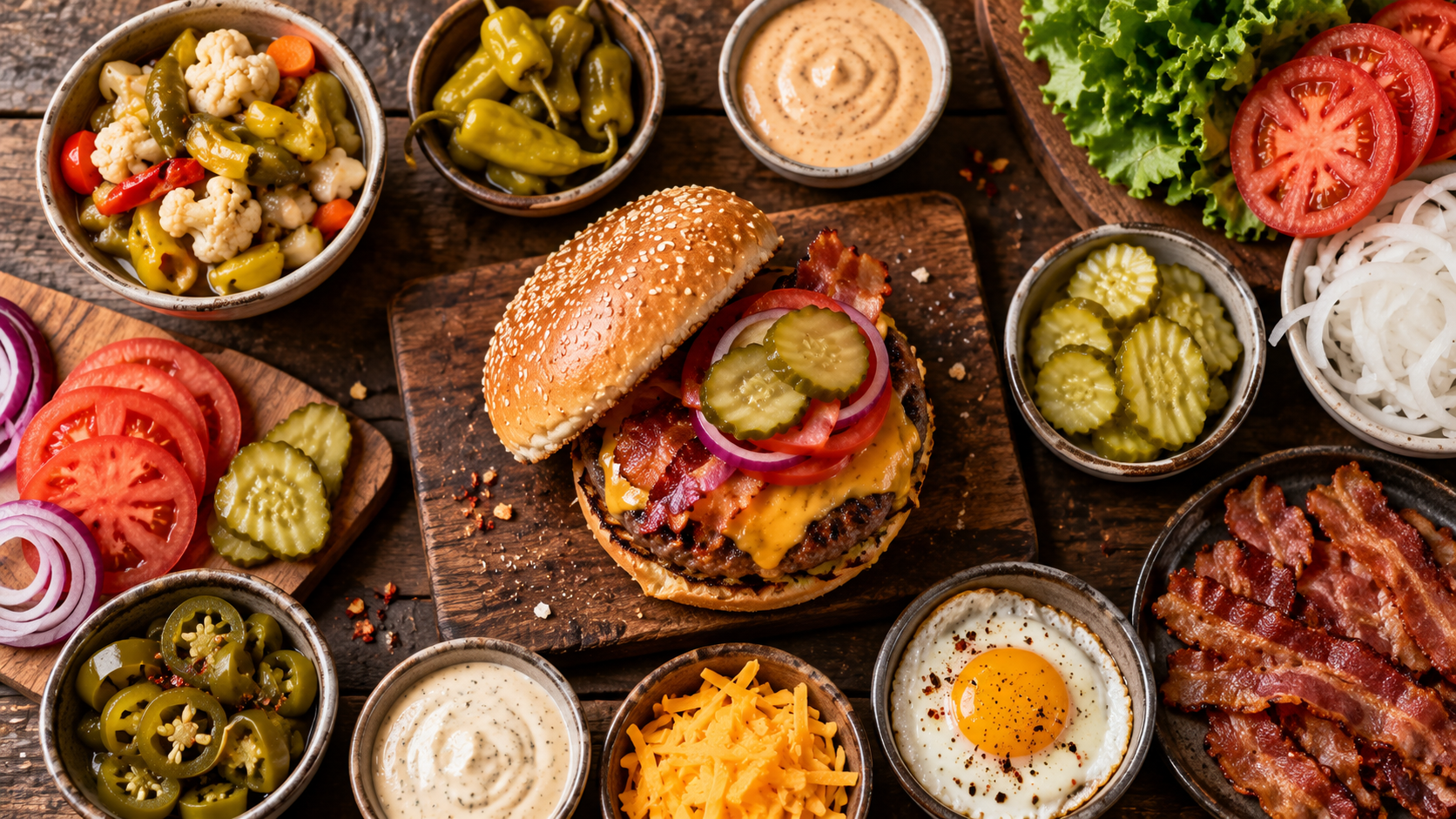 Chicago burger toppings including giardiniera, sport peppers, pickles, crispy bacon, cheese, onions, and homemade sauces.