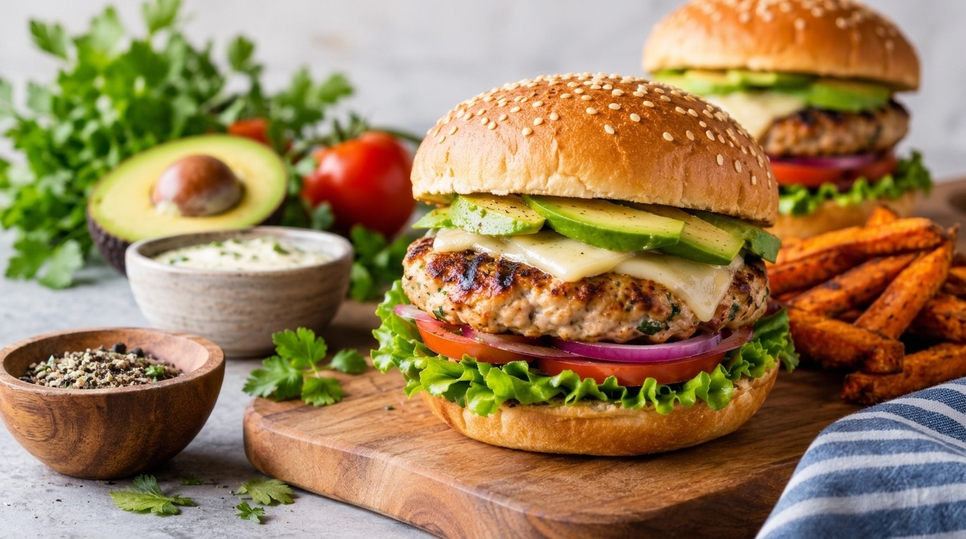 A gourmet turkey burger on a sesame seed bun topped with sliced avocado, melted cheese, lettuce, tomato, and red onion, served with sweet potato fries.