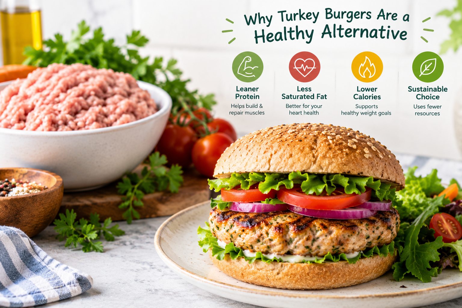 Healthy turkey burger with fresh lettuce, tomato, whole-grain bun, and lean ground turkey alongside fresh vegetables.