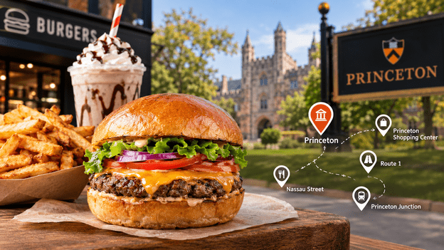 Best burgers near Princeton, NJ, served with crispy fries and a milkshake near the Princeton campus, with nearby dining areas highlighted.