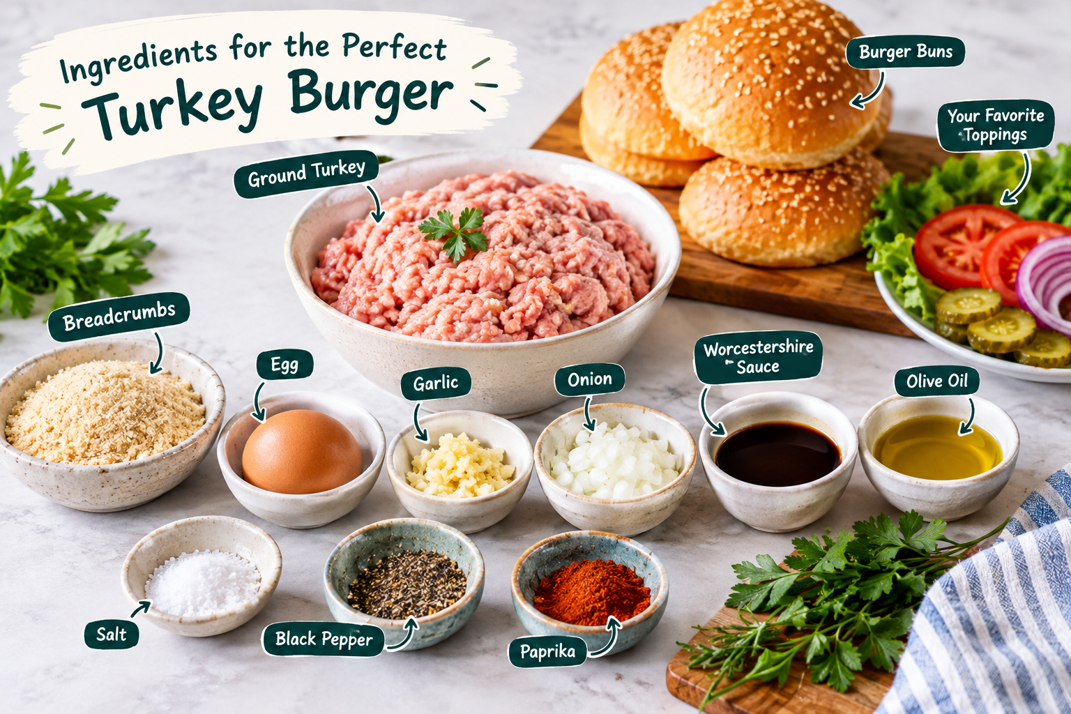 Ground turkey burger ingredients including breadcrumbs, egg, garlic, onion, Worcestershire sauce, olive oil, spices, burger buns, and fresh toppings.