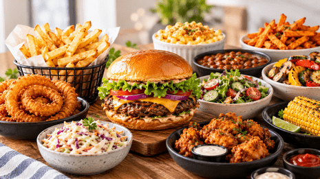 A juicy cheeseburger served with crispy French fries, onion rings, coleslaw, fried chicken bites, fresh salad, grilled vegetables, baked beans, and corn on the cob.