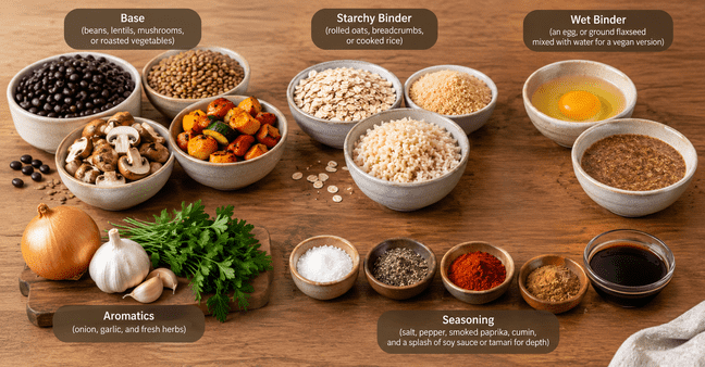 Essential veggie burger ingredients including beans, lentils, mushrooms, roasted vegetables, oats, breadcrumbs, egg, flaxseed, onion, garlic, fresh herbs, and seasonings.