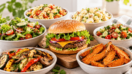 Juicy cheeseburger served on a wooden board surrounded by bowls of sweet potato wedges, grilled vegetables, pasta salad, potato salad, and fresh garden salads.