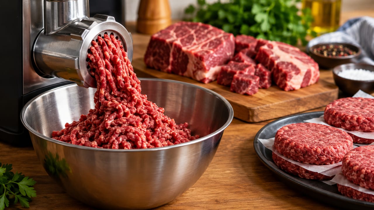 Freshly ground beef coming out of a meat grinder into a stainless steel bowl, with raw beef cuts and homemade burger patties on a wooden countertop.