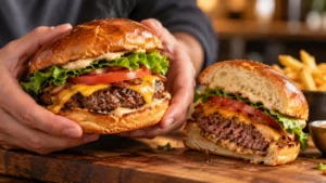 A person holding a large, juicy burger loaded with melted cheese, lettuce, tomato, and sauce, with another cut half of the burger resting on a wooden board next to a small bowl of french fries.