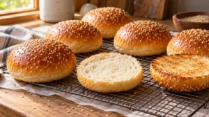 A close-up shot of freshly baked sesame seed hamburger buns arranged on a wire cooling rack over a wooden surface, with some buns cut open to show their soft, fluffy texture and lightly toasted surfaces.