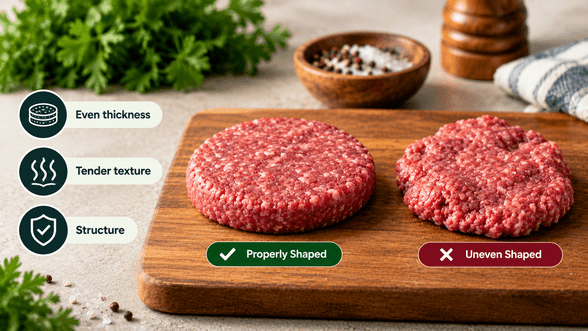 Comparison of properly shaped and uneven burger patties highlighting even thickness, tender texture, and structure.