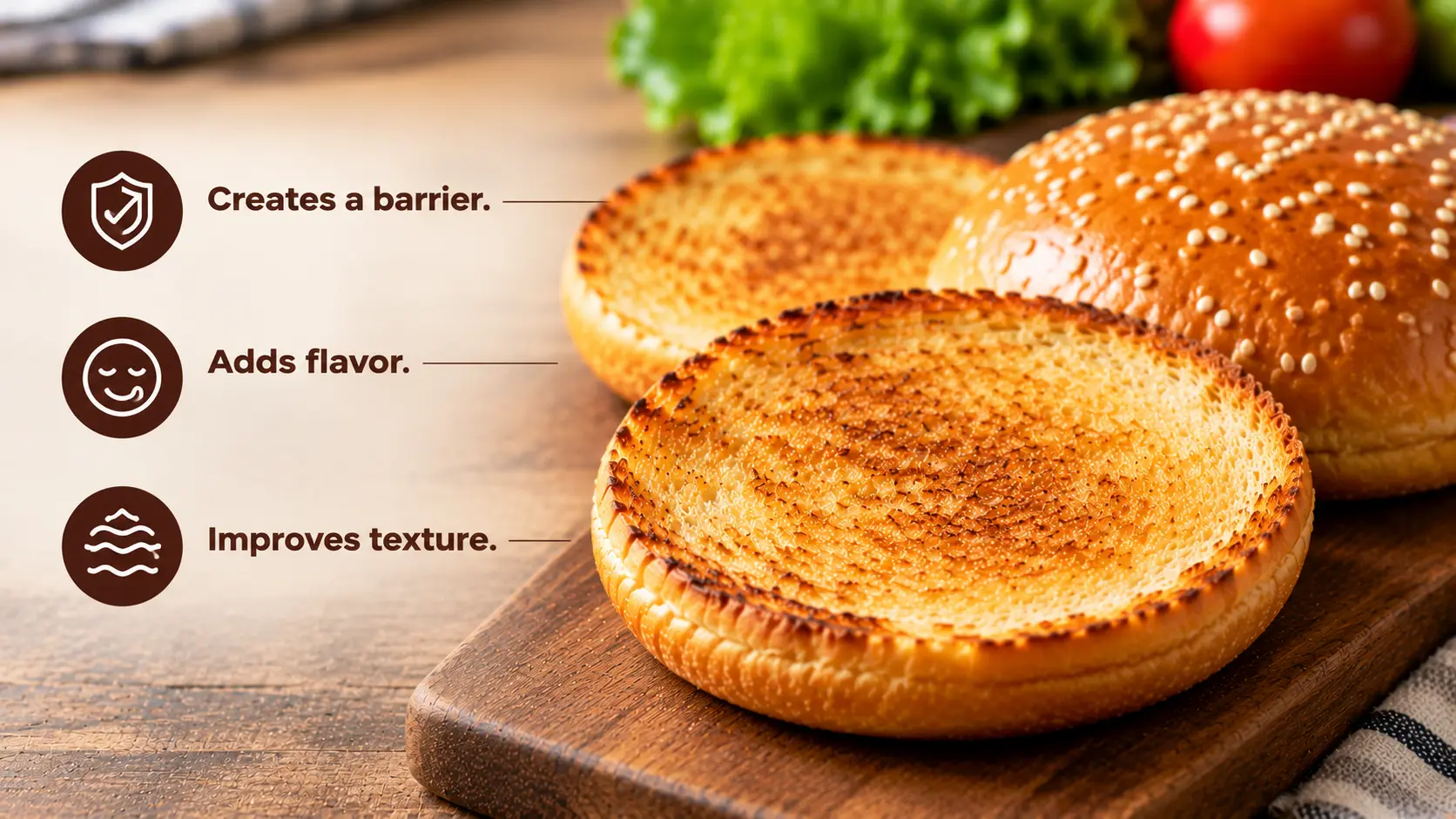 Golden toasted burger buns illustrating how toasting creates a moisture barrier, adds flavor, and improves texture.